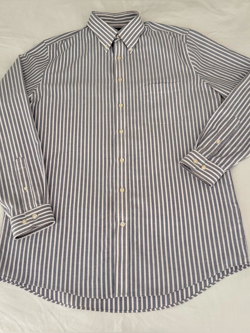 Stafford Mens 16 34-35 Blue White Stripe Wrinkle Free Oxford Fitted Dress Shirt